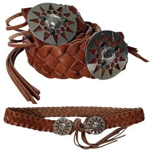 Woven Braided Brown Leather Belt Fringe Tie Western Silver Sun Burst Medallions